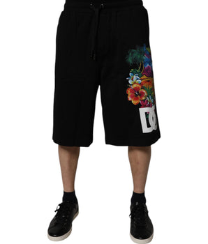 Dolce &amp; Gabbana Black Cotton Logo Floral Print Bermuda Shorts