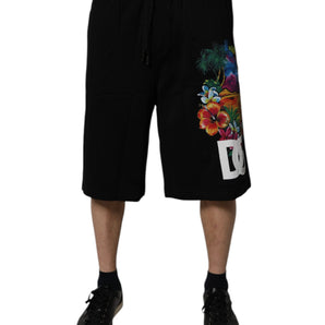 Dolce &amp; Gabbana Black Cotton Logo Floral Print Bermuda Shorts