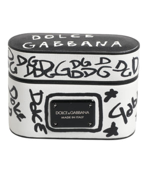Dolce &amp; Gabbana Black White Leather Scribble Embossed Logo Airpods Case