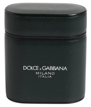 Dolce &amp; Gabbana Green Calfskin Leather Logo Print Flip Holder Airpods Case