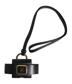 Dolce &amp; Gabbana Black Leather Strap Gold Metal Logo Plaque Airpods Case