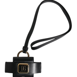 Dolce & Gabbana Black Leather Strap Gold Metal Logo Plaque Airpods Case
