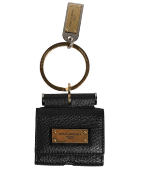 Dolce &amp; Gabbana Black Leather Strap Gold Metal Logo Plaque Airpods Case