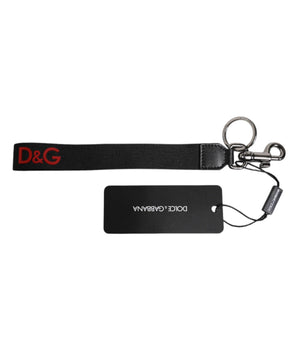 Dolce &amp; Gabbana Black Logo Nylon Silver Brass Men Holder Keychain Keyring