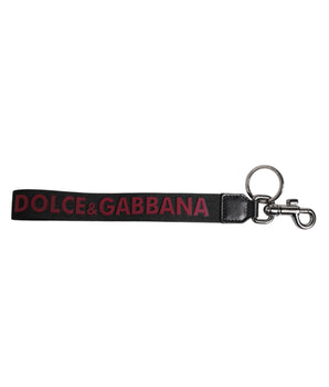 Dolce &amp; Gabbana Black Logo Nylon Silver Brass Men Holder Keychain Keyring