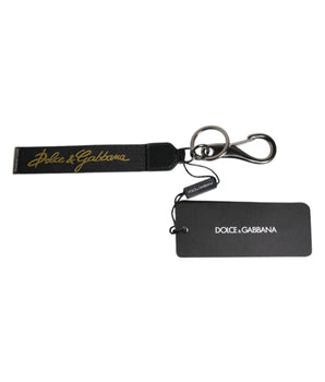 Dolce &amp; Gabbana Black Logo Nylon Silver Brass Men Holder Keychain Keyring