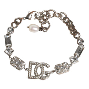 Dolce & Gabbana Silver Brass Crystal DG Logo Charm Embellished Bracelet
