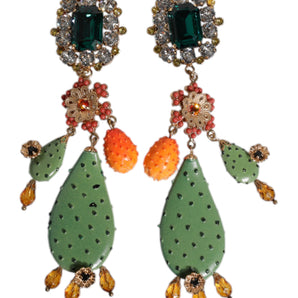 Dolce & Gabbana Green Cactus Crystal Clip On Dangling Jewelry Earrings