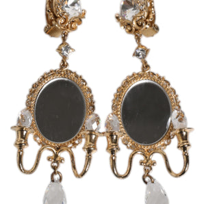 Dolce & Gabbana Gold Brass Clear Crystal Mirror Element Clip Dangling Earrings
