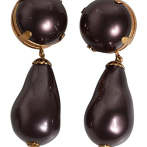 Dolce & Gabbana Gold Brass Black Pearl Clip On Dangling Jewelry Earrings