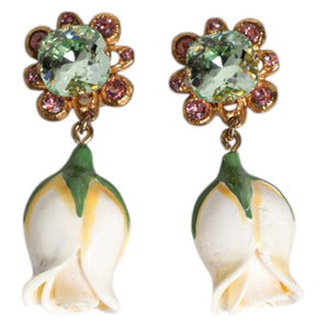 Dolce & Gabbana Brass White Flower Bloom Crystal Clip Dangling Earrings
