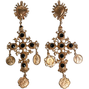 Dolce & Gabbana Gold Black Crystal Cross Sacred Heart Dangling Earrings