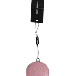 Dolce & Gabbana Pink Calfskin Leather Round Logo Hand Mirror Holder