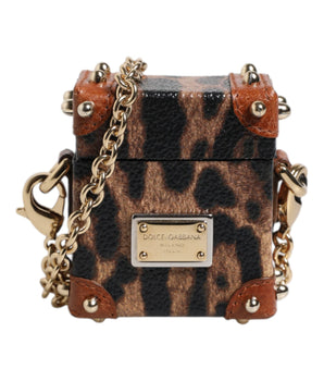 Dolce &amp; Gabbana Brown Leopard Metal Logo Plaque Gold Chain Airpods Case
