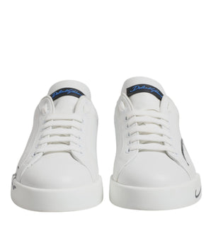 Dolce &amp; Gabbana White Blue Leather Logo Low Top Sneakers Shoes
