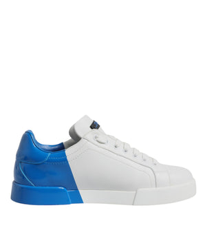Dolce &amp; Gabbana White Blue Leather Logo Low Top Sneakers Shoes