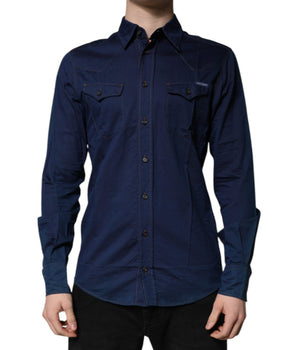 Dolce &amp; Gabbana Dark Blue Cotton GOLD Dress Formal Shirt