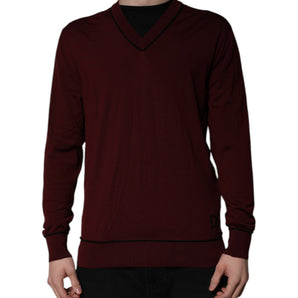 Dolce & Gabbana Maroon Cashmere V-neck Men Pullover Sweater