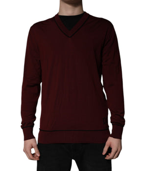 Dolce &amp; Gabbana Maroon Cashmere V-neck Men Pullover Sweater