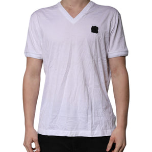 Dolce & Gabbana White Cotton Logo Patch V-neck Tee T-shirt