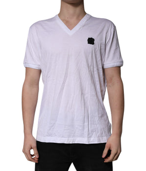 Dolce &amp; Gabbana White Cotton Logo Patch V-neck Tee