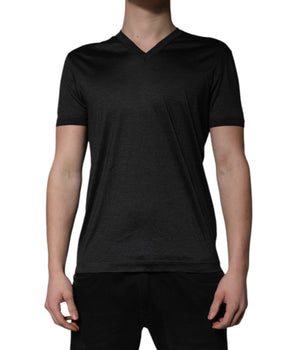 Dolce &amp; Gabbana Dark Gray Silk V-neck Short Sleeves T-shirt