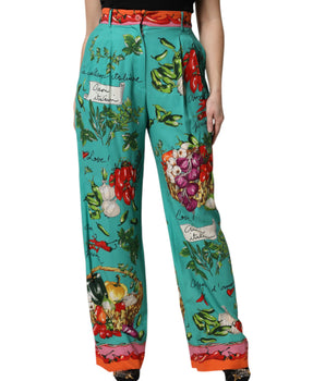 Pantalones rectos de seda verde con estampado de Dolce &amp; Gabbana