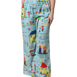 Dolce &amp; Gabbana Light Blue Drawing Mid Waist Wide Leg Pants