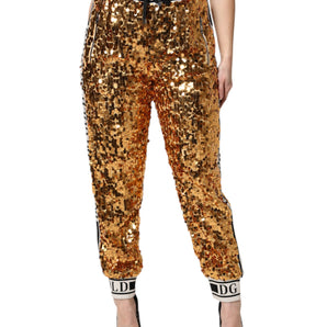 Dolce &amp; Gabbana Metallic Gold DG Logo Sequined Jogger Pants