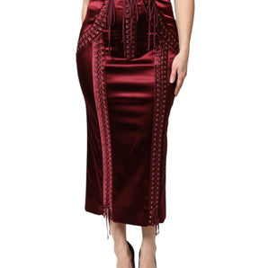 Dolce & Gabbana Burgundy High Waist Satin Corset Midi Skirt