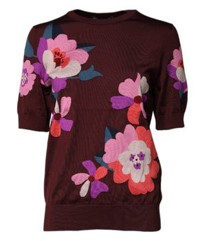 Blusa de seda con cuello redondo y estampado floral en color granate de Dolce &amp; Gabbana