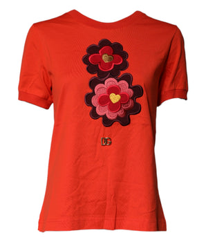 Camiseta de algodón con cuello redondo y bordado floral rojo de Dolce &amp; Gabbana