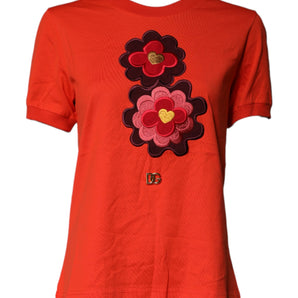 Camiseta de algodón con cuello redondo y bordado floral rojo de Dolce &amp; Gabbana