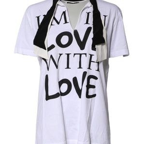 Dolce &amp; Gabbana White Cotton Silk Blend Ascot Collar T-Shirt