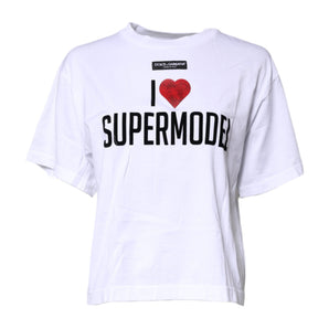 Dolce & Gabbana White Printed Round Neck Top Cotton T-shirt