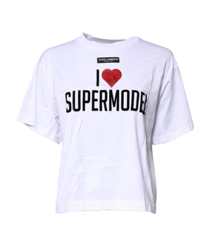 Dolce &amp; Gabbana White Printed Round Neck Top Cotton T-shirt