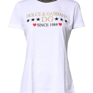 Dolce & Gabbana White Printed Round Neck Top Cotton T-shirt