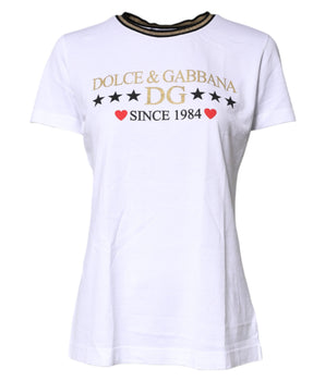 Dolce &amp; Gabbana White Printed Round Neck Top Cotton T-shirt