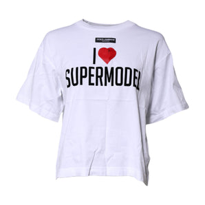 Dolce & Gabbana White Printed Round Neck Top Cotton T-shirt