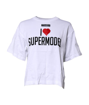 Dolce &amp; Gabbana White Printed Round Neck Top Cotton T-shirt