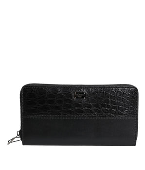 Dolce &amp; Gabbana Black Leather Logo Plaque Zip Around Continental Wallet