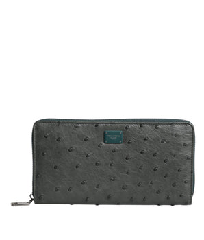 Dolce &amp; Gabbana Green Ostrich Logo Plaque Zip Around Continental Wallet