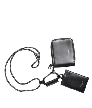 Dolce &amp; Gabbana Black Leather Lanyard Zip Around Card Holder Wallet