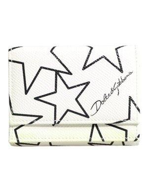 Dolce &amp; Gabbana White Leather Trifold DG Star Print Card Holder Wallet