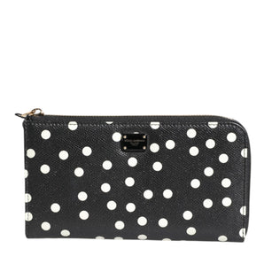 Dolce &amp; Gabbana Black White Dotted Leather Zip Around Continental Wallet