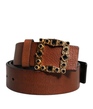 Dolce &amp; Gabbana Brown Leather Gold Crystal Buckle Belt