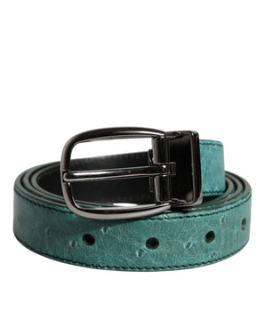 Dolce &amp; Gabbana Green Ostrich Leather Silver Metal Buckle Belt