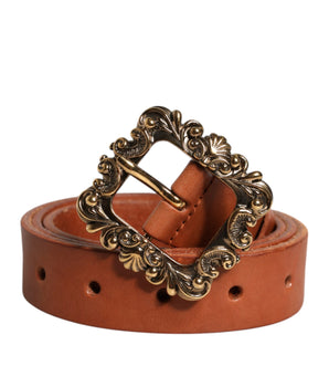 Dolce &amp; Gabbana Brown Leather Gold Metal Baroque Buckle Belt