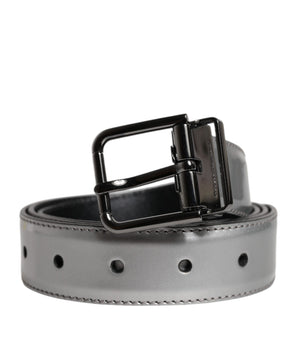 Dolce &amp; Gabbana Silver Leather Classic Metal Logo Buckle Belt