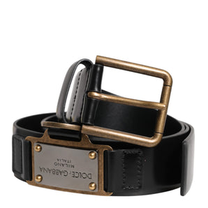 Cinturón de cuero negro con hebilla y placa del logotipo DG de Dolce &amp; Gabbana